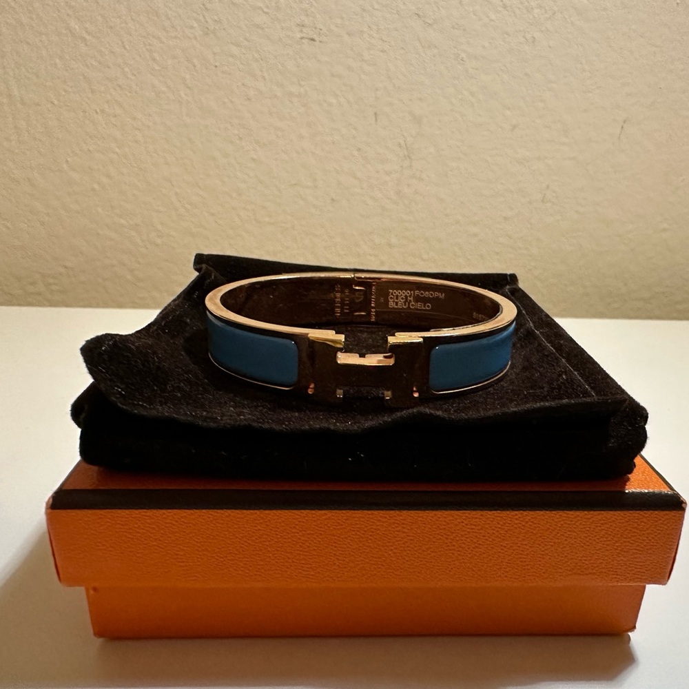 Hermès Blue Cielo and Rose Gold Metal and Enamel Wide Clic H Bracelet PM